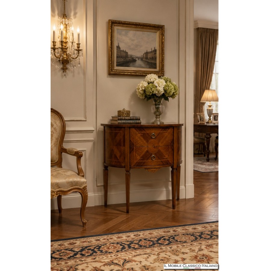 Comò a Mezzaluna Intarsiato Classico 2 Cassetti Comò a Mezzaluna Intarsiato Classico 2 Cassetti