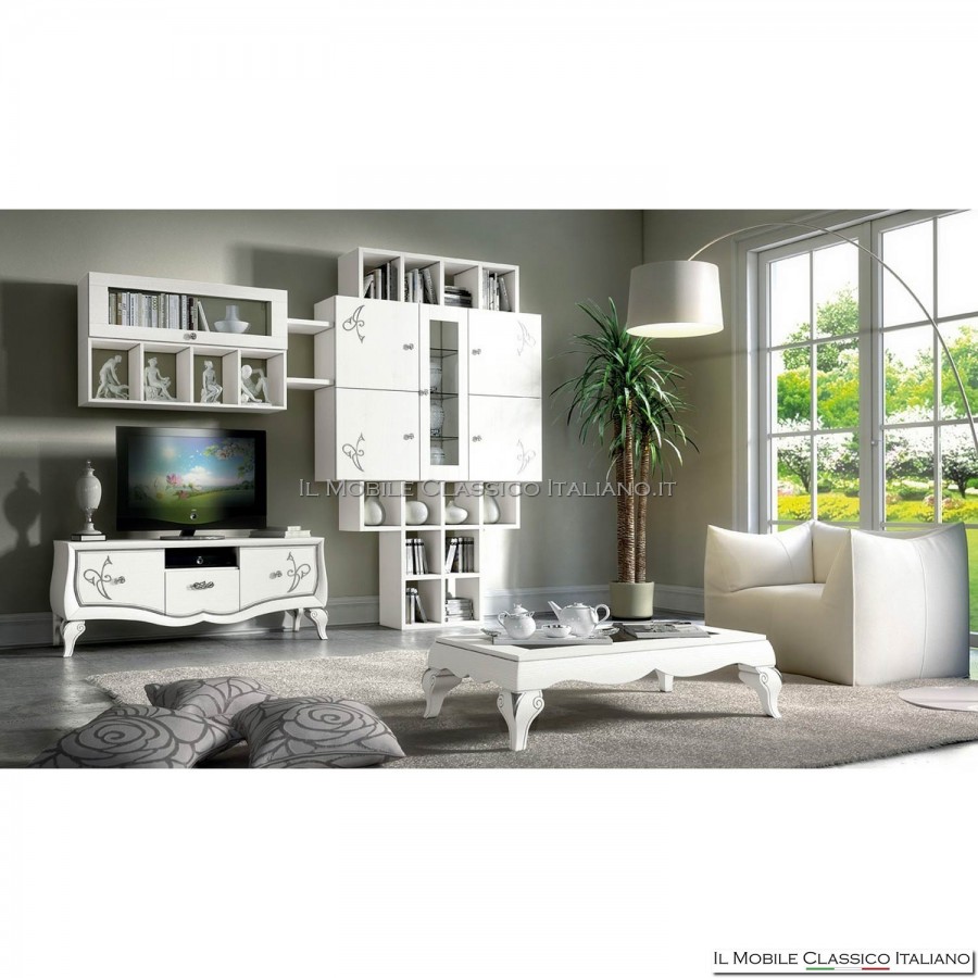 Composizione 2 vetrine 4 ante 1 base 3 cassetti con decoro art. 4533