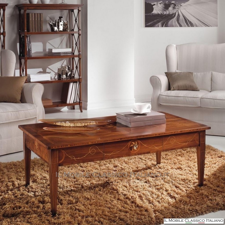 Mesita rectangular con cajón en Nogal y Bois de Rose con taracea cod. 595 Mesita rectangular con cajón en Nogal y Bois de Rose con taracea cod. 595
