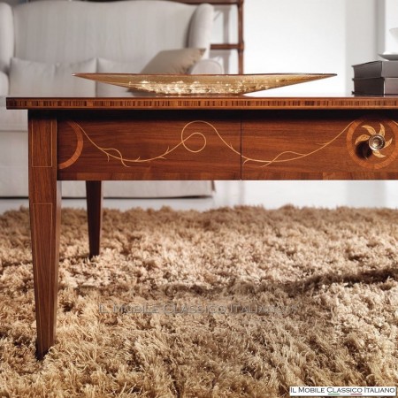 Mesita rectangular con cajón en Nogal y Bois de Rose con taracea cod. 595