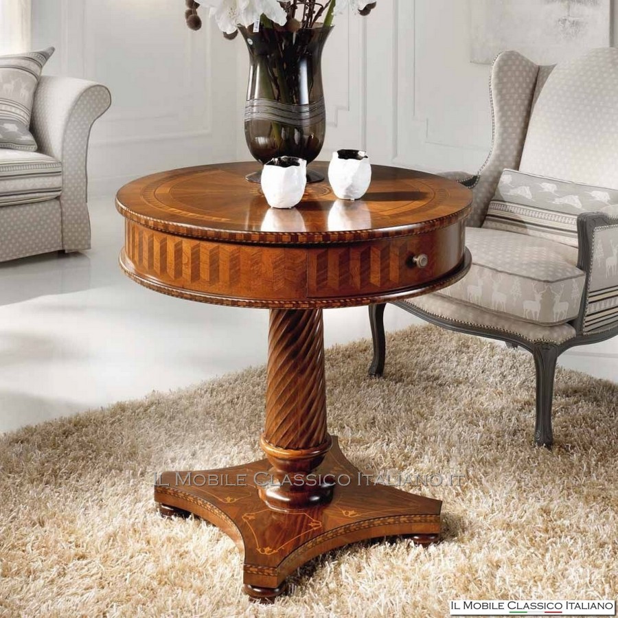 Round walnut coffee table with inlay and drawer cod. 695