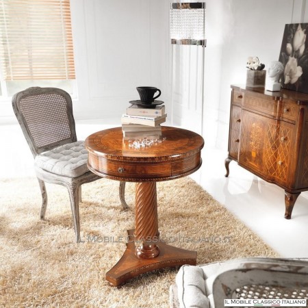 Round coffee table in olive ash burl with inlay and drawer cod. 699
