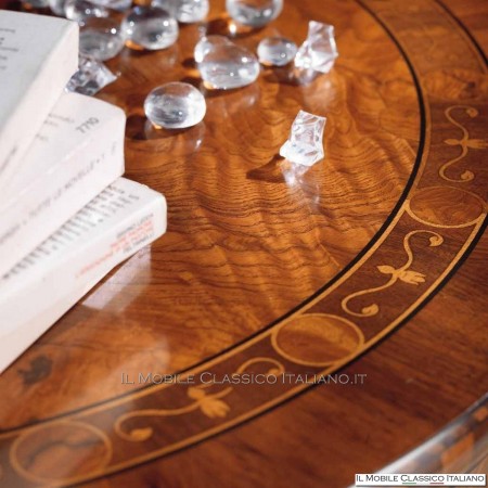 Round coffee table in olive ash burl with inlay and drawer cod. 699
