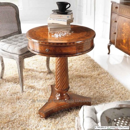 Round coffee table in olive ash burl with inlay and drawer cod. 699