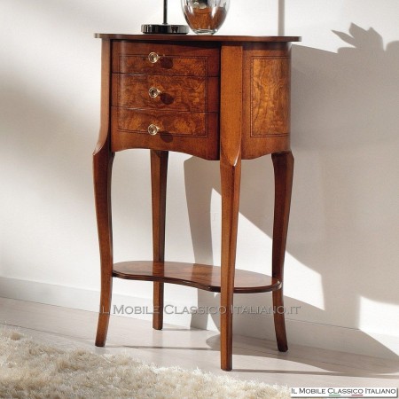 Table basse en forme à 3 tiroirs en loupe de frêne morue. 571