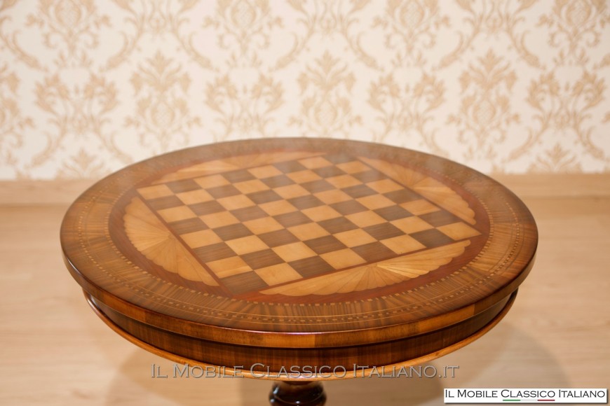 Tavolino da gioco scacchi rotondo intarsiato